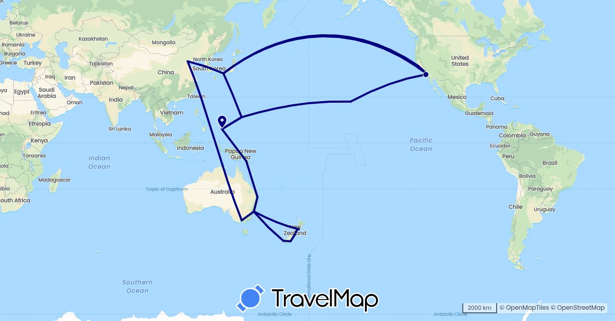 TravelMap itinerary: driving in Australia, China, Japan, New Zealand, Papua New Guinea, Palau, United States (Asia, North America, Oceania)